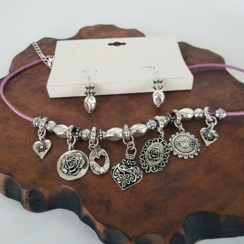L&J Believe in Charm Necklace Earring Set Pink & Silver